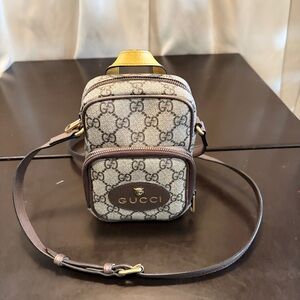 Gucci Beige Brown GG Canvas Mini Crossbody Backpack with Yellow Handle